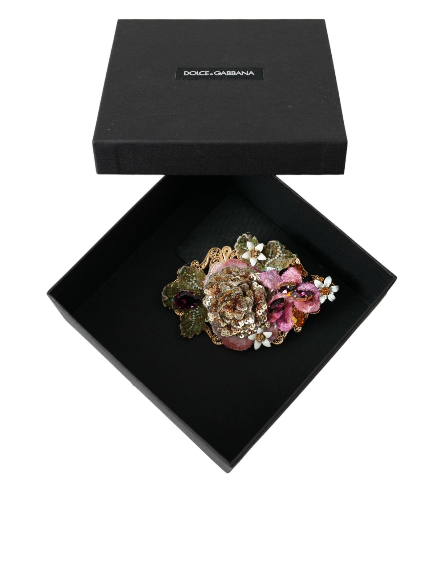 Dolce & Gabbana Gold Brass Floral Crystal Sequined Hair Clip - PER.FASHION