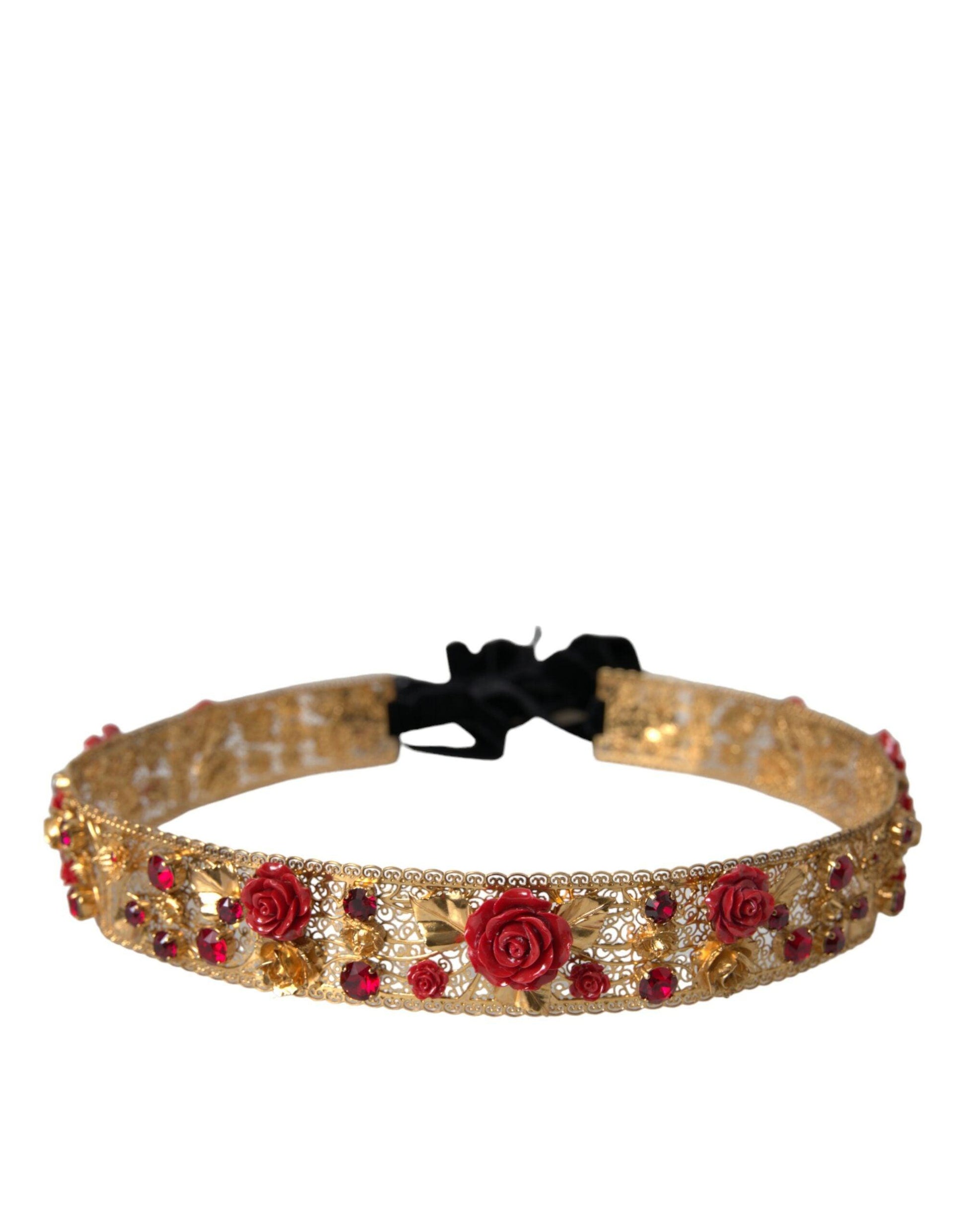 Dolce & Gabbana Gold Brass Red Roses Crystal Jewel Waist Belt - PER.FASHION