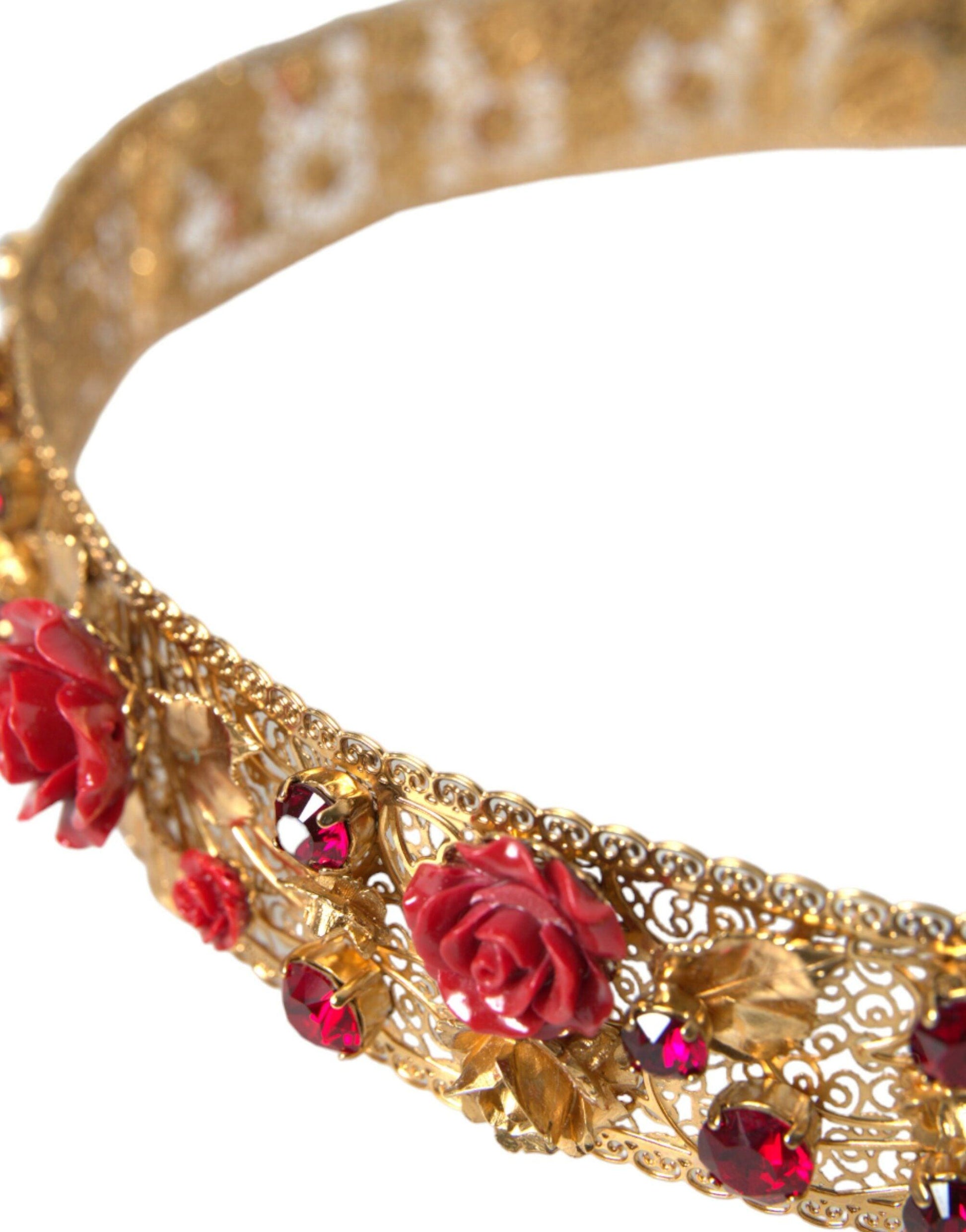 Dolce & Gabbana Gold Brass Red Roses Crystal Jewel Waist Belt - PER.FASHION