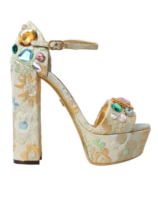 Dolce & Gabbana Gold Floral Jacquard Crystal Sandals Shoes - PER.FASHION