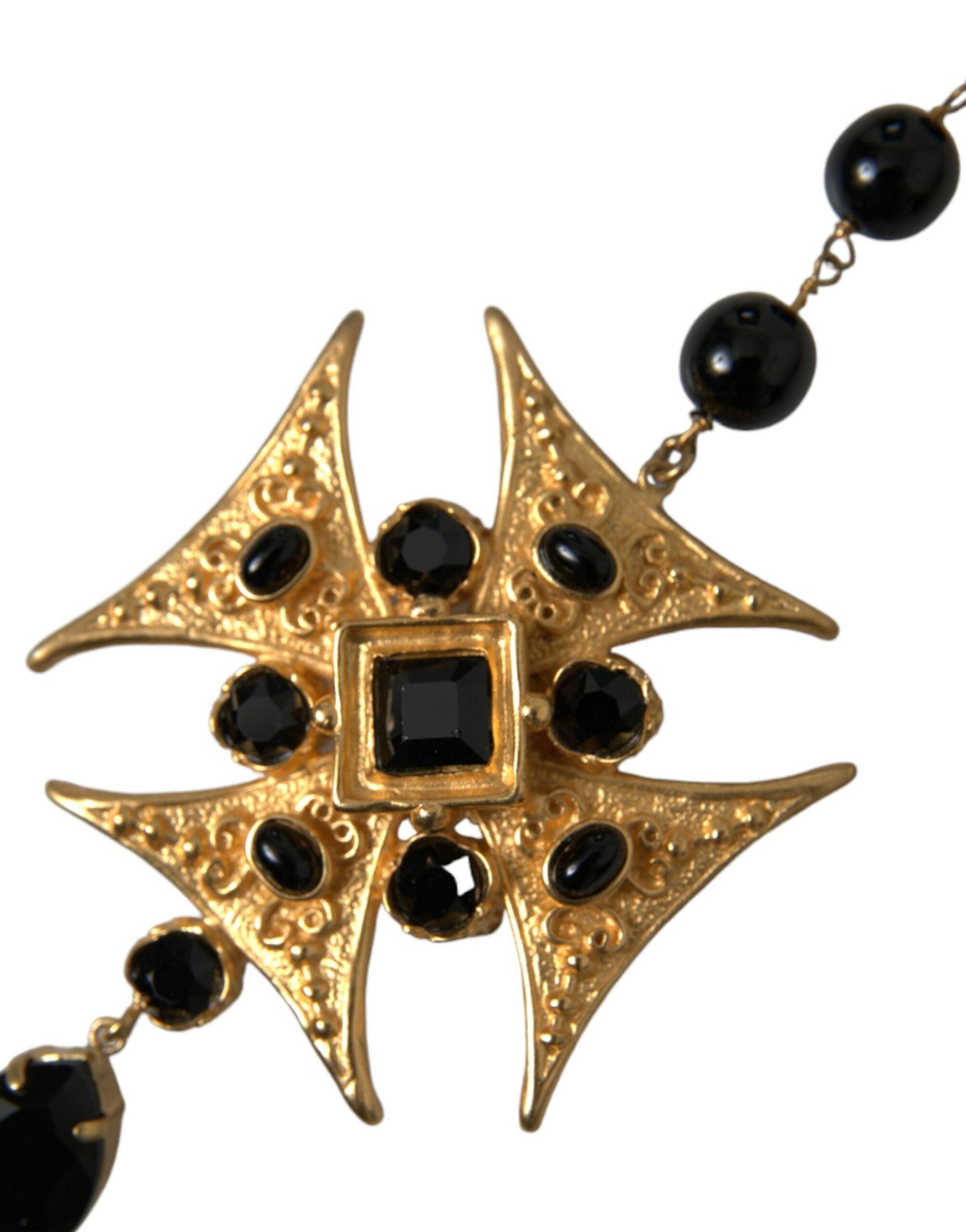 Dolce & Gabbana Gold Tone Brass Cross Black Beaded Chain Rosary Necklace - PER.FASHION