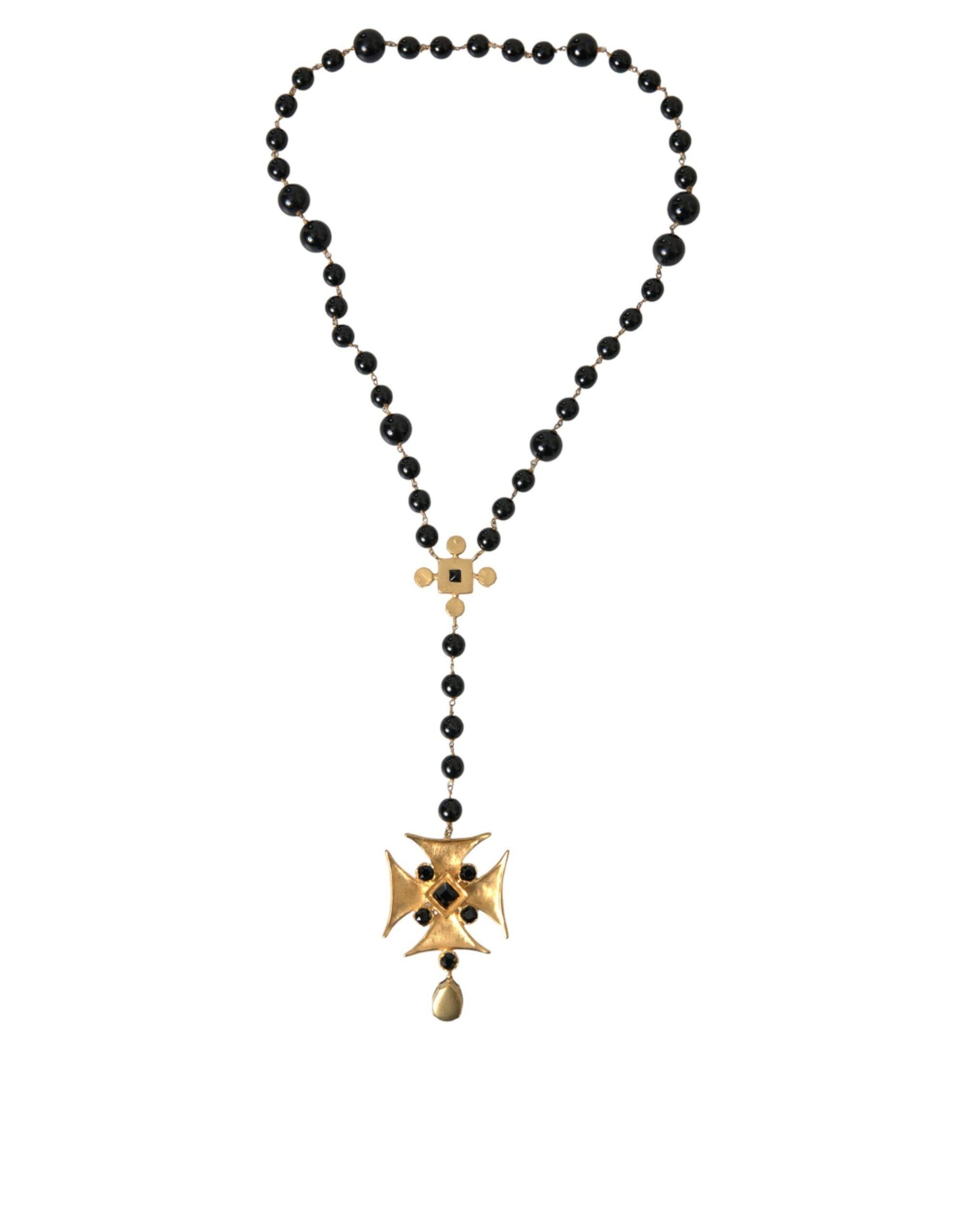 Dolce & Gabbana Gold Tone Brass Cross Black Beaded Chain Rosary Necklace - PER.FASHION