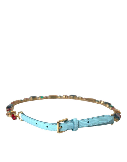 Dolce & Gabbana Light Blue Leather Crystal Chain Waist Belt - PER.FASHION