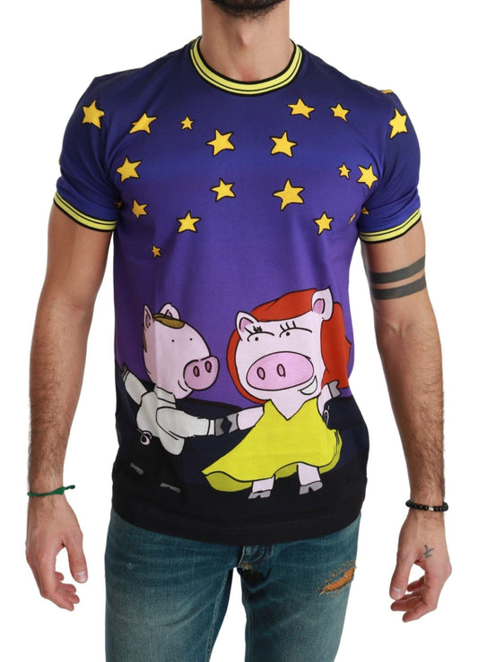 Dolce & Gabbana Purple Cotton Round Neck T-Shirt with Pig Motif - PER.FASHION