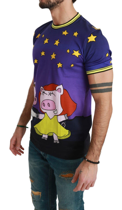 Dolce & Gabbana Purple Cotton Round Neck T-Shirt with Pig Motif - PER.FASHION
