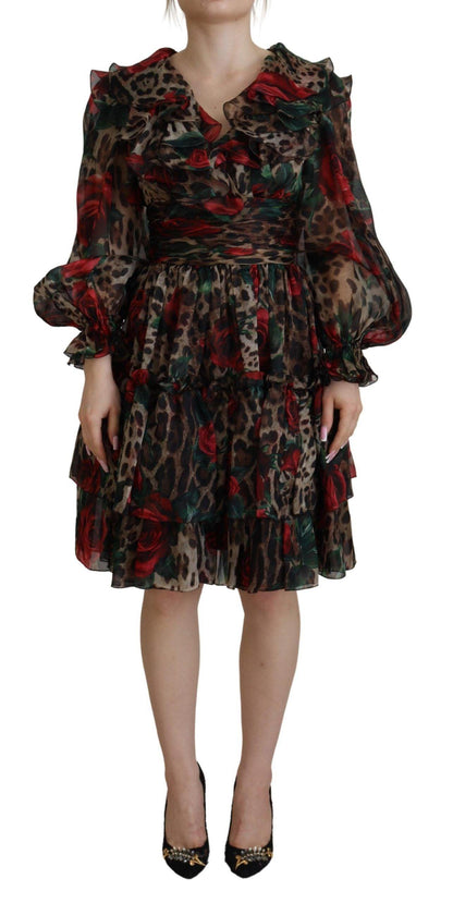 Dolce & Gabbana Silk Leopard Print & Red Roses Dress - PER.FASHION