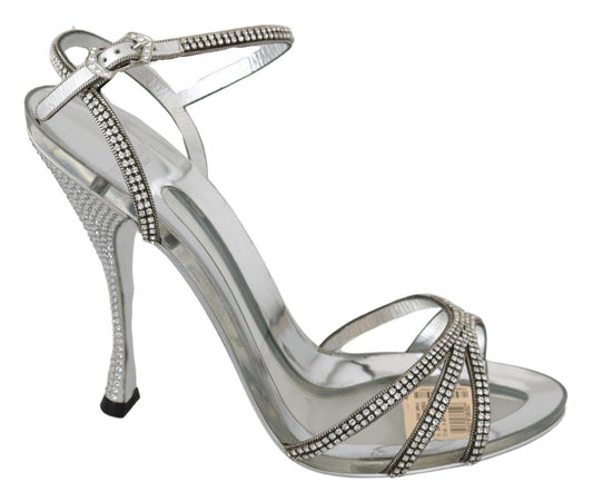 Dolce & Gabbana Silver Leather Ankle Strap Sandals with Crystals - PER.FASHION