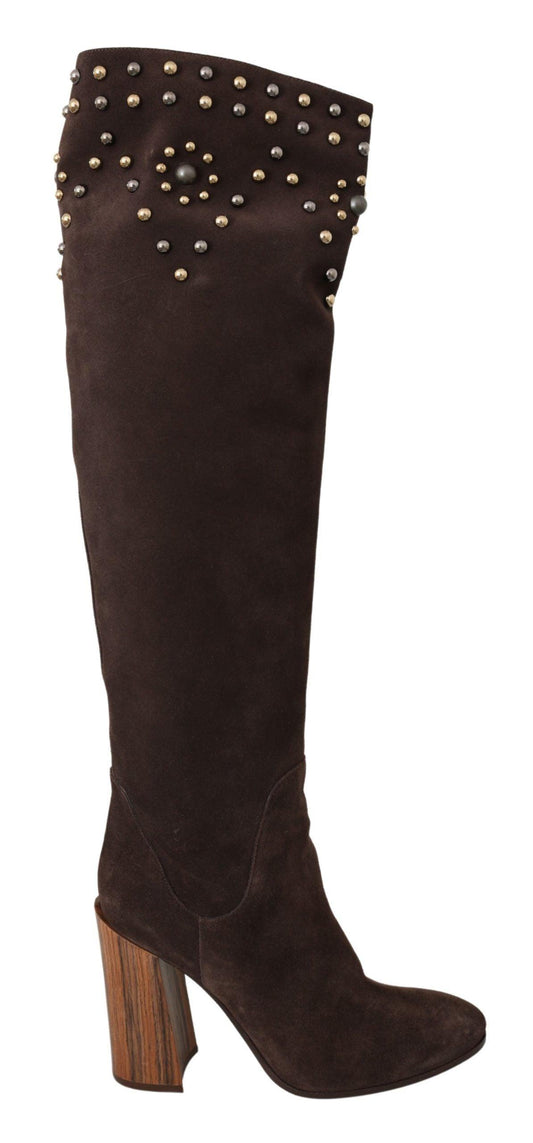 Dolce & Gabbana Studded Suede Knee High Boots in Brown - PER.FASHION
