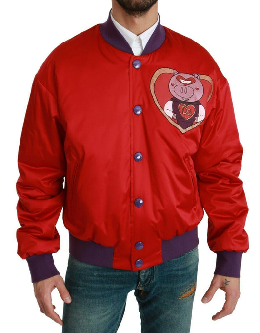 Dolce & Gabbana Vibrant Red Bomber Jacket with Multicolor Motif - PER.FASHION