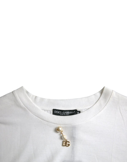Dolce & Gabbana White Embellished Cotton Crew Neck T-shirt - PER.FASHION