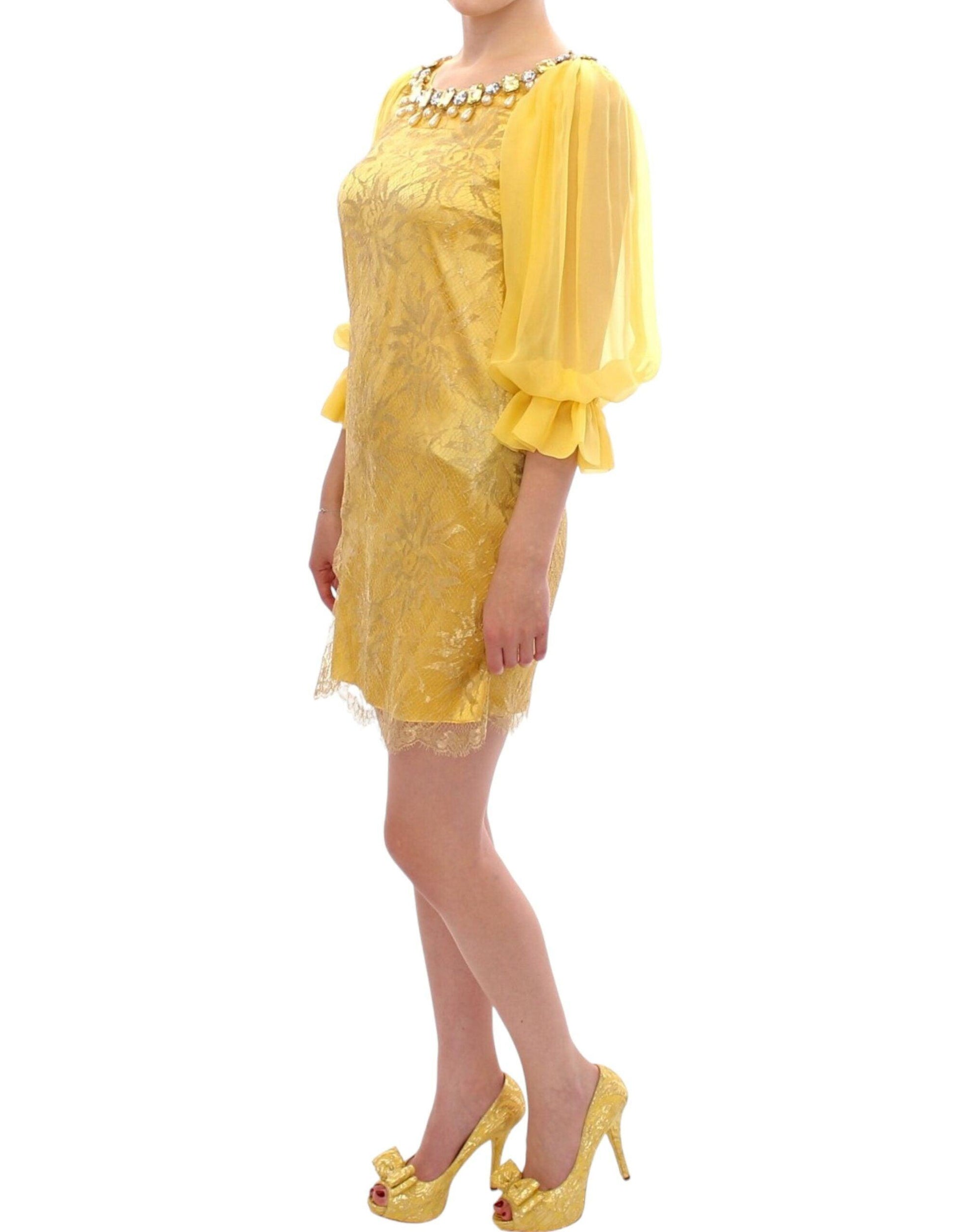 Dolce & Gabbana Yellow Lace Crystal Embellished Mini Dress - PER.FASHION