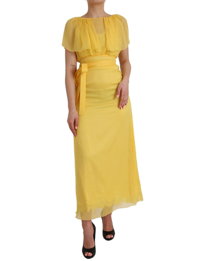 Dolce & Gabbana Yellow Silk Sheath Belted Long Maxi Dress - PER.FASHION