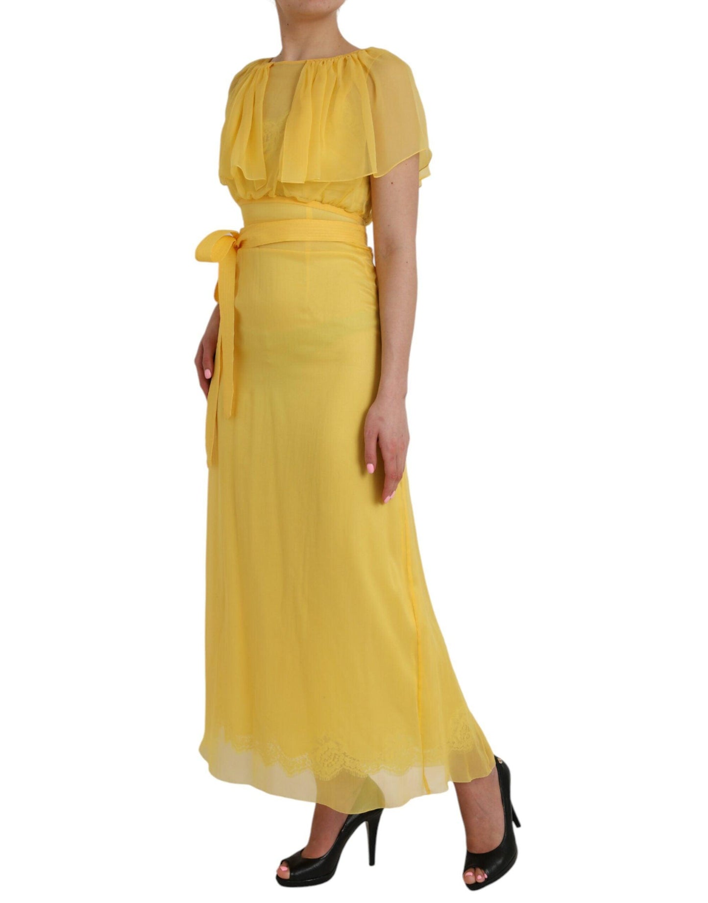 Dolce & Gabbana Yellow Silk Sheath Belted Long Maxi Dress - PER.FASHION