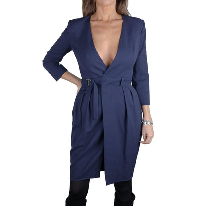 Elisabetta Franchi Elegant V-Neck Belted Dress in Blue - PER.FASHION