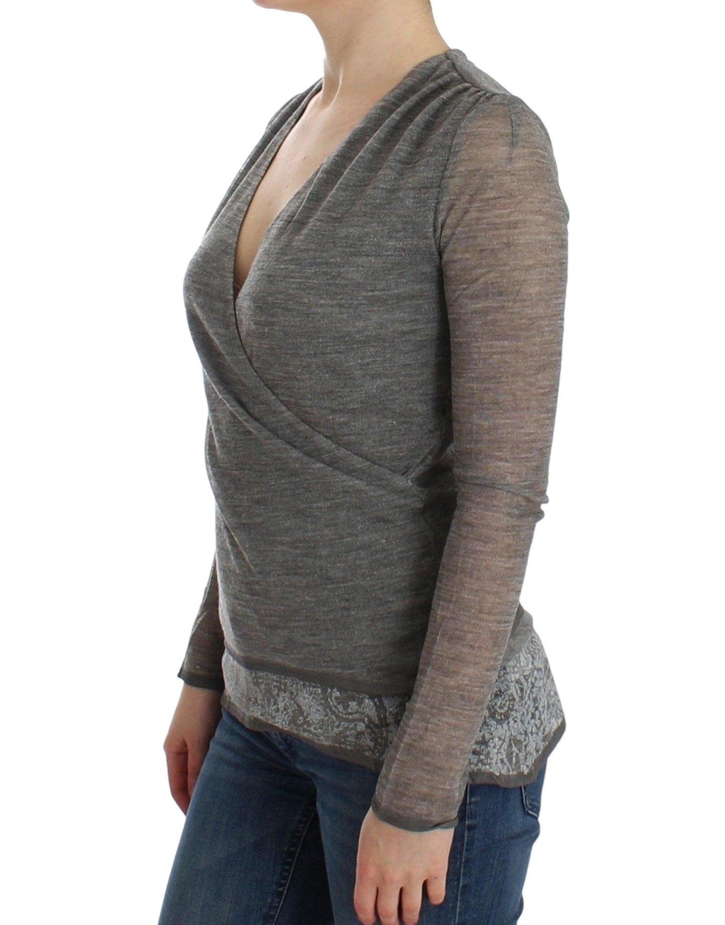 Ermanno Scervino Elegant Gray Wool Blend Deep V-neck Sweater - PER.FASHION