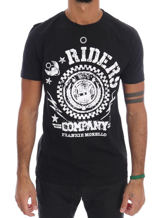 Frankie Morello Chic Black Crewneck Tee with 'RIDERS' Motif - PER.FASHION