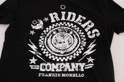 Frankie Morello Chic Black Crewneck Tee with 'RIDERS' Motif - PER.FASHION