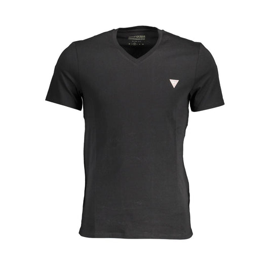 Guess Jeans Sleek V-Neck Logo Tee in Classic Black