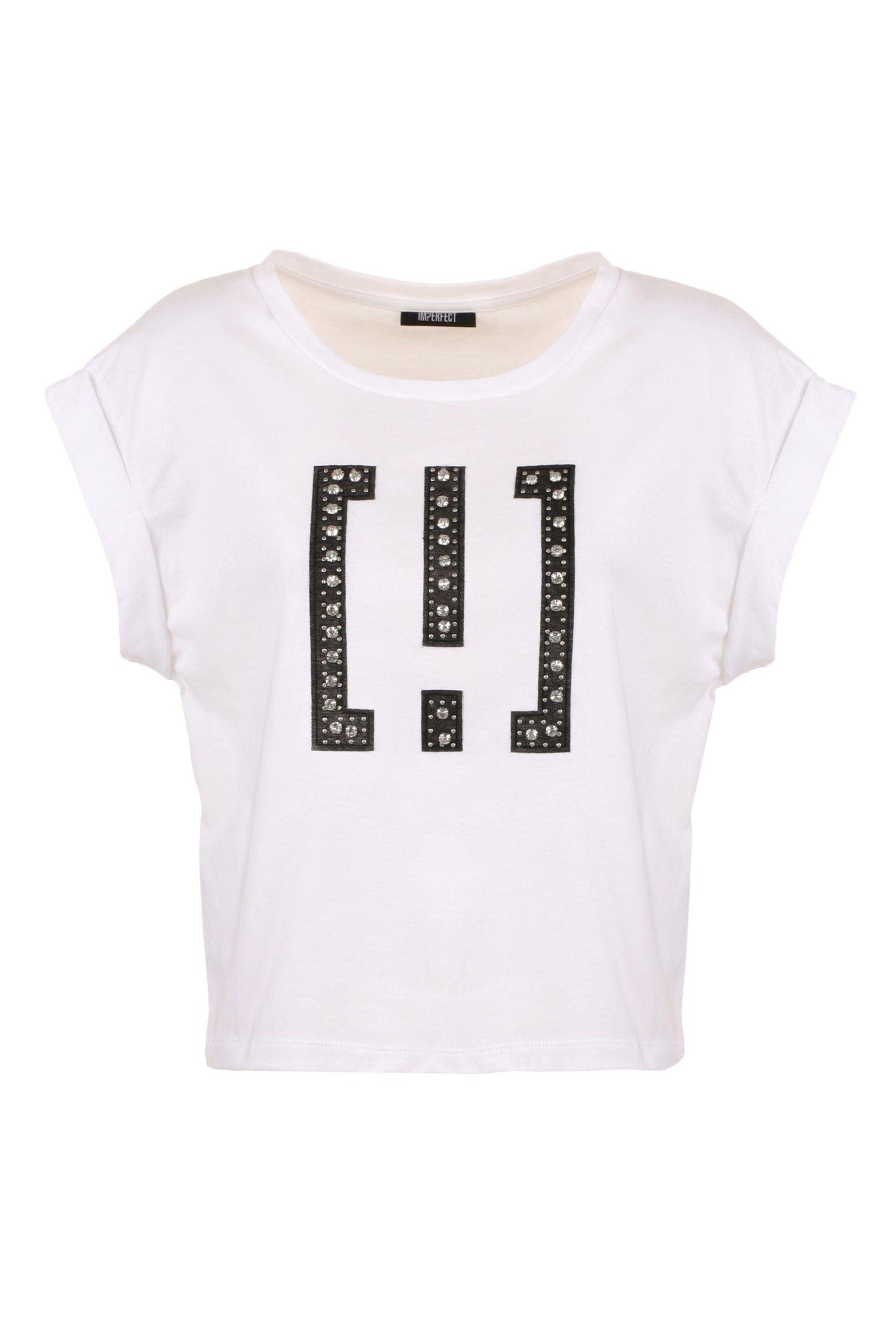 Imperfect Chic White Cotton Tee with Brass Accents - PER.FASHION
