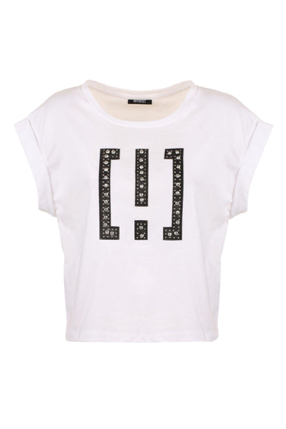 Imperfect Chic White Cotton Tee with Brass Accents - PER.FASHION