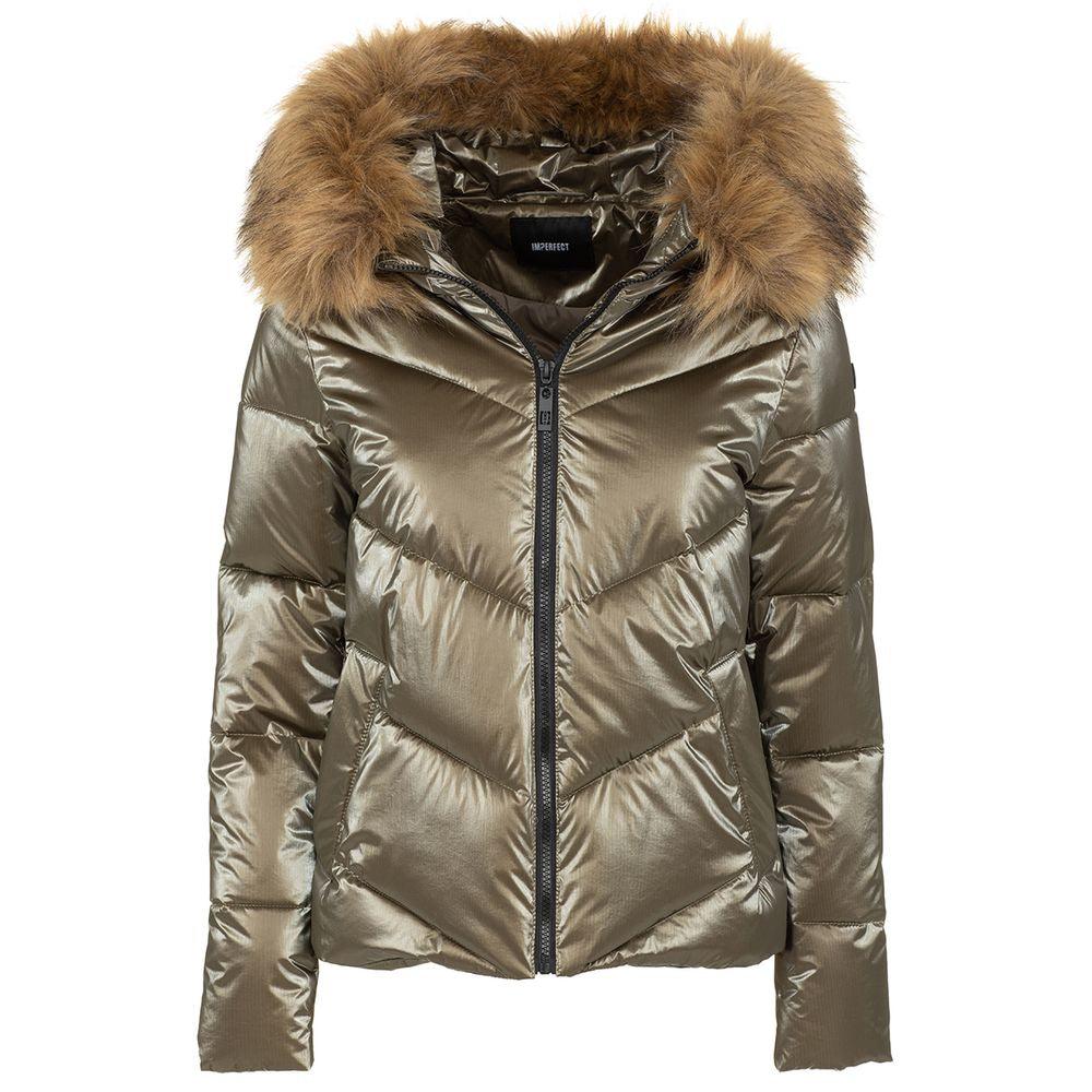 Imperfect Eco-Fur Hooded Down Jacket in Brown - PER.FASHION