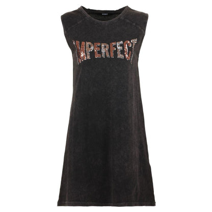 Imperfect Elegant Black Cotton Dress with Logo Detail - PER.FASHION