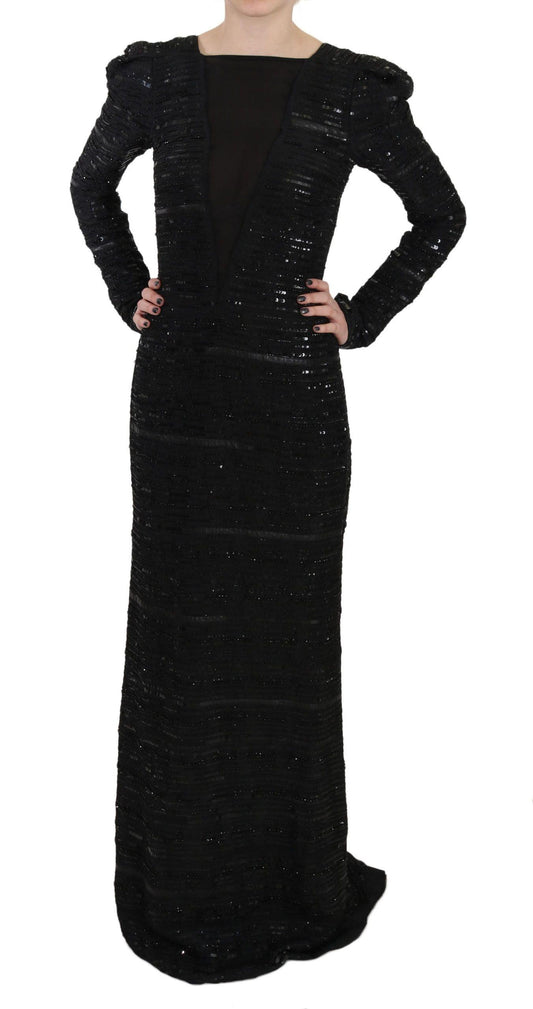 John Richmond Black Silk Sheath Maxi Dress with Sequins - PER.FASHION