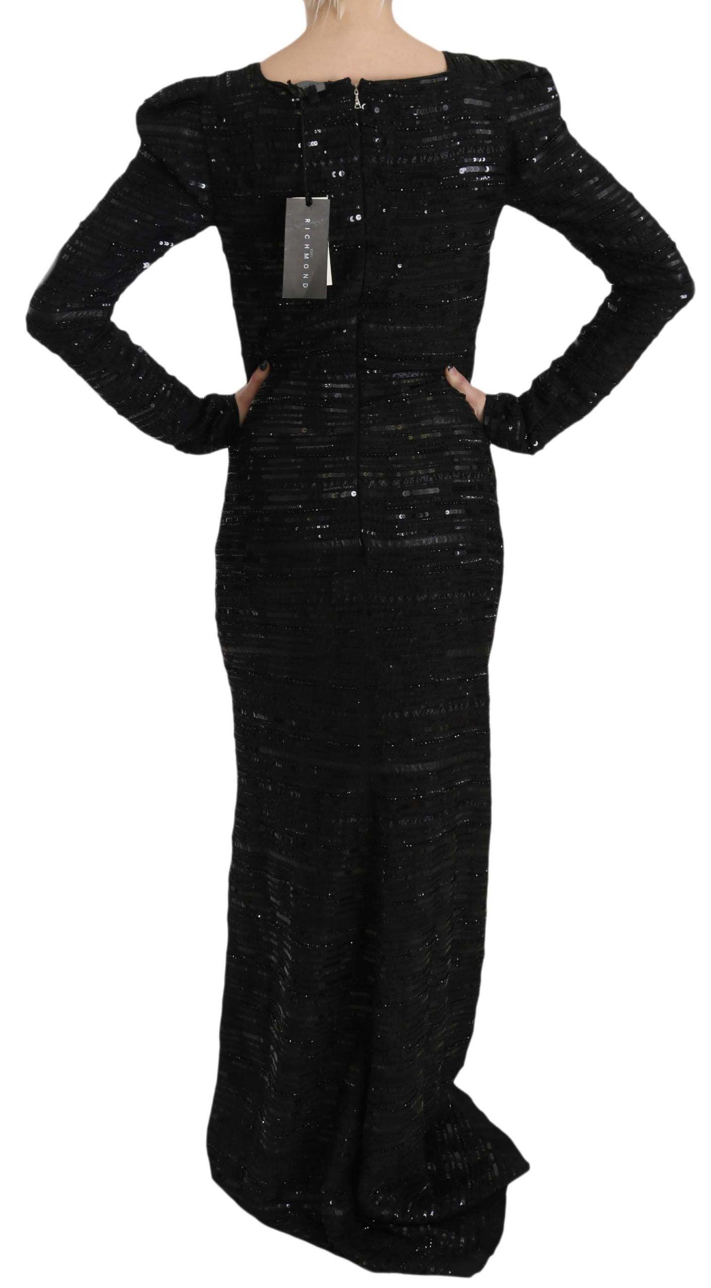 John Richmond Black Silk Sheath Maxi Dress with Sequins - PER.FASHION