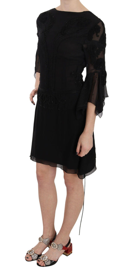 John Richmond Elegant Black Sequined Silk Mini Dress - PER.FASHION