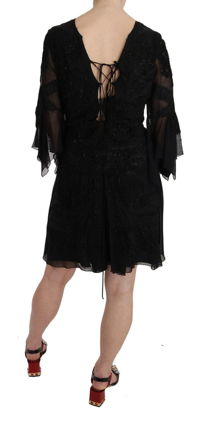 John Richmond Elegant Black Sequined Silk Mini Dress - PER.FASHION