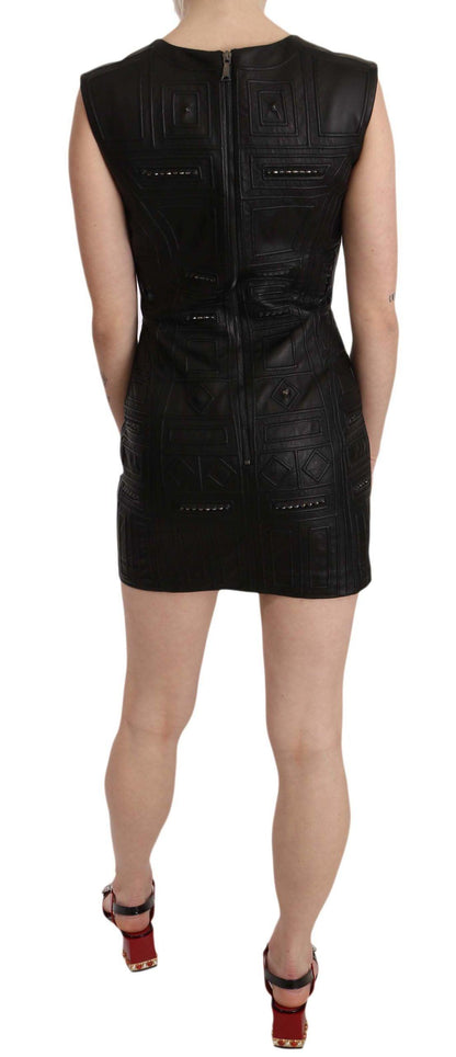 John Richmond Studded Black Leather Mini Sheath Dress - PER.FASHION