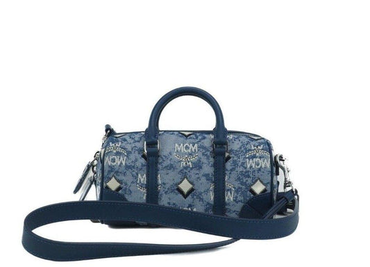 MCM Boston Mini Blue Vintage Jacquard Logo Fabric Satchel Crossbody Handbag - PER.FASHION