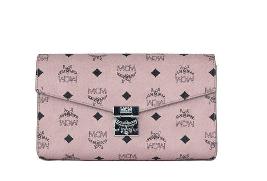 MCM Medium Soft Pink Signature Diamond Logo Leather Clutch Crossbody Handbag - PER.FASHION