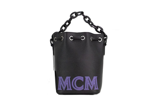 MCM Mini Black Purple Smooth Leather Chain Shoulder Drawstring Bucket Handbag - PER.FASHION