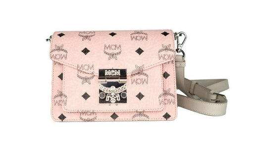 MCM Signature Soft Pink Diamond Logo Leather Mini Flap Lock Crossbody Handbag - PER.FASHION