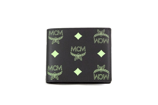 MCM Small Black Summer Green Smooth Visetos Monogram Logo Leather Bifold Wallet - PER.FASHION