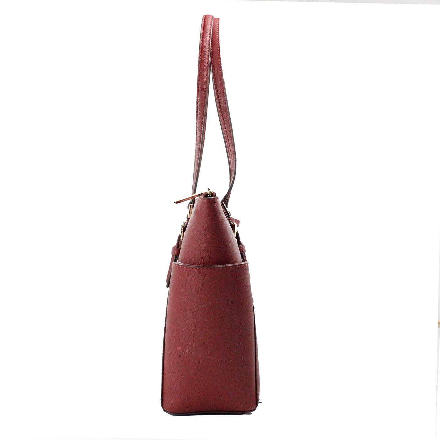 Michael Kors Charlotte Dark Cherry Large Leather Top Zip Tote Bag Purse - PER.FASHION