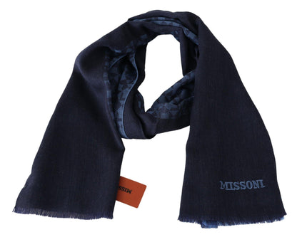 Missoni Navy Wool Knit Unisex Neck Wrap Fringe Shawl Men's Scarf - PER.FASHION