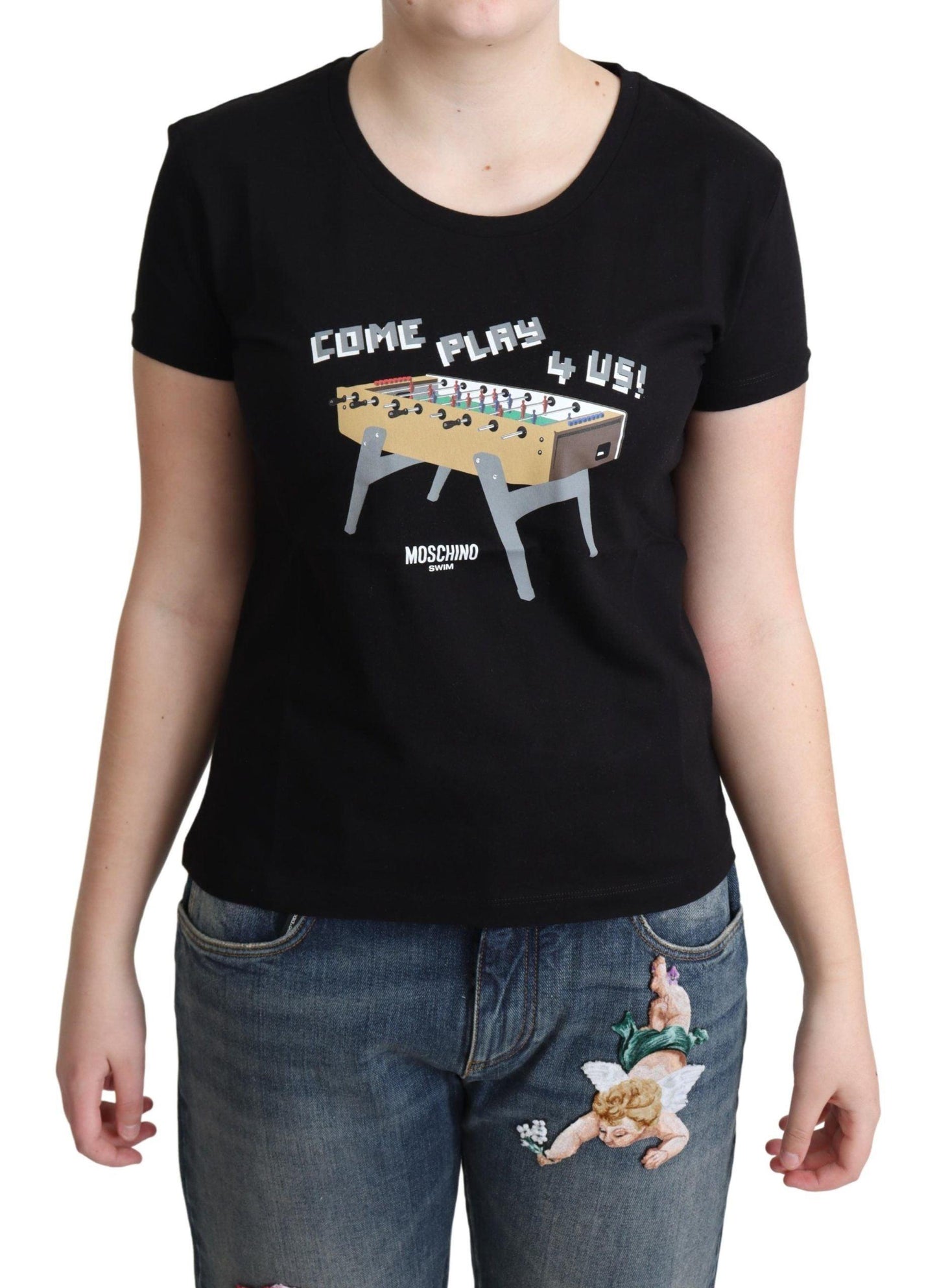 Moschino Chic Black Cotton Tee with Playful Print - PER.FASHION