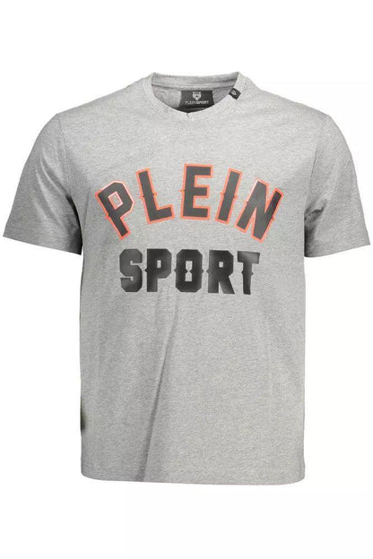 Plein Sport Sleek Gray Cotton Tee with Bold Details - PER.FASHION
