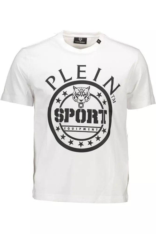 Plein Sport Sleek White Cotton Crew Neck Tee with Contrasting Details - PER.FASHION