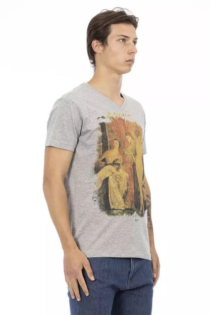 Trussardi Action Elegant Gray V-neck Tee with Front Print - PER.FASHION