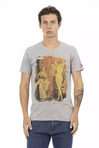 Trussardi Action Elegant Gray V-neck Tee with Front Print - PER.FASHION