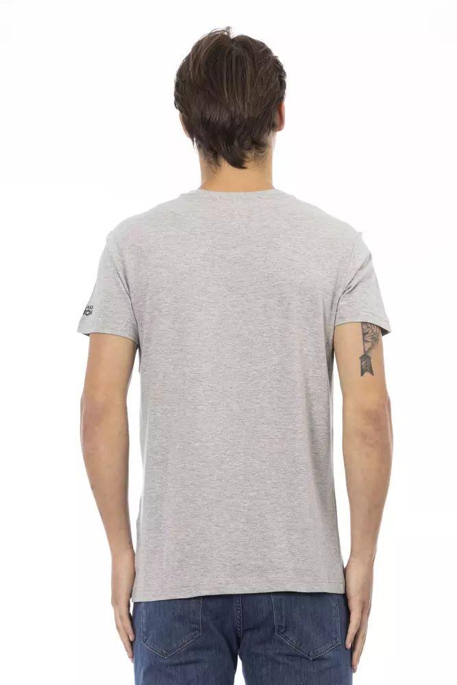 Trussardi Action Elegant Gray V-neck Tee with Front Print - PER.FASHION