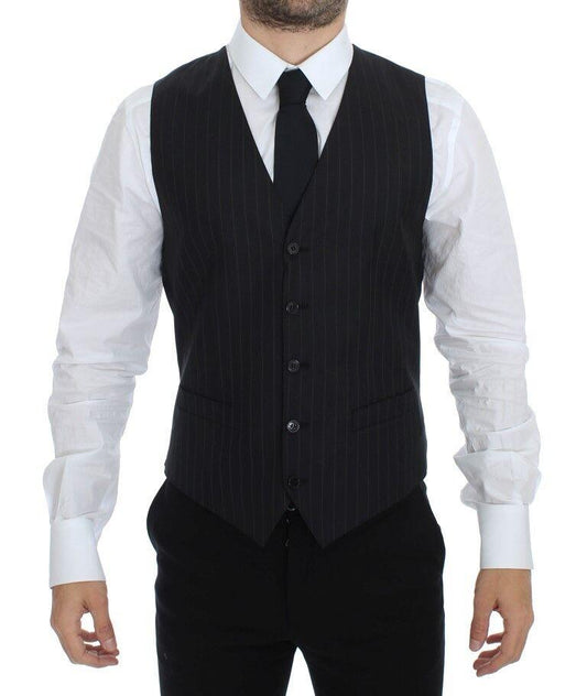 Dolce &amp; Gabbana Черное шерстяное шелковое платье в полоску, жилет