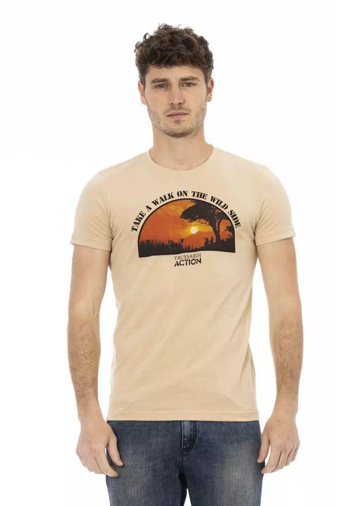 Trussardi Action Beige Short Sleeve Tee with Sleek Print - PER.FASHION