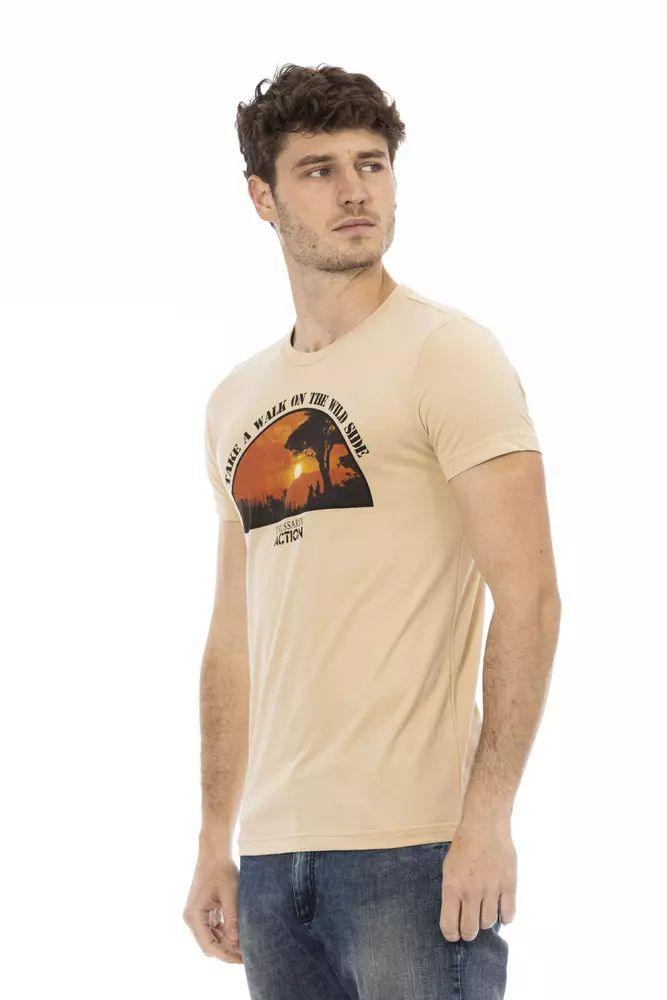 Trussardi Action Beige Short Sleeve Tee with Sleek Print - PER.FASHION