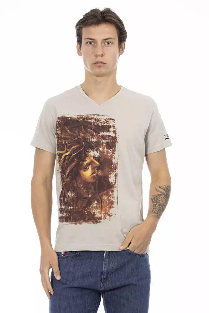 Trussardi Action Beige V-Neck Tee with Chic Front Print - PER.FASHION