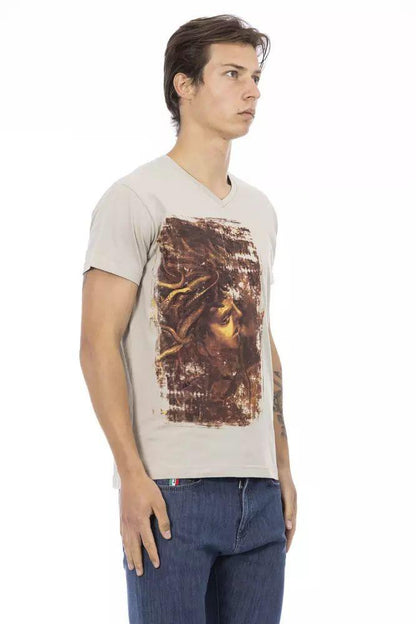 Trussardi Action Beige V-Neck Tee with Chic Front Print - PER.FASHION