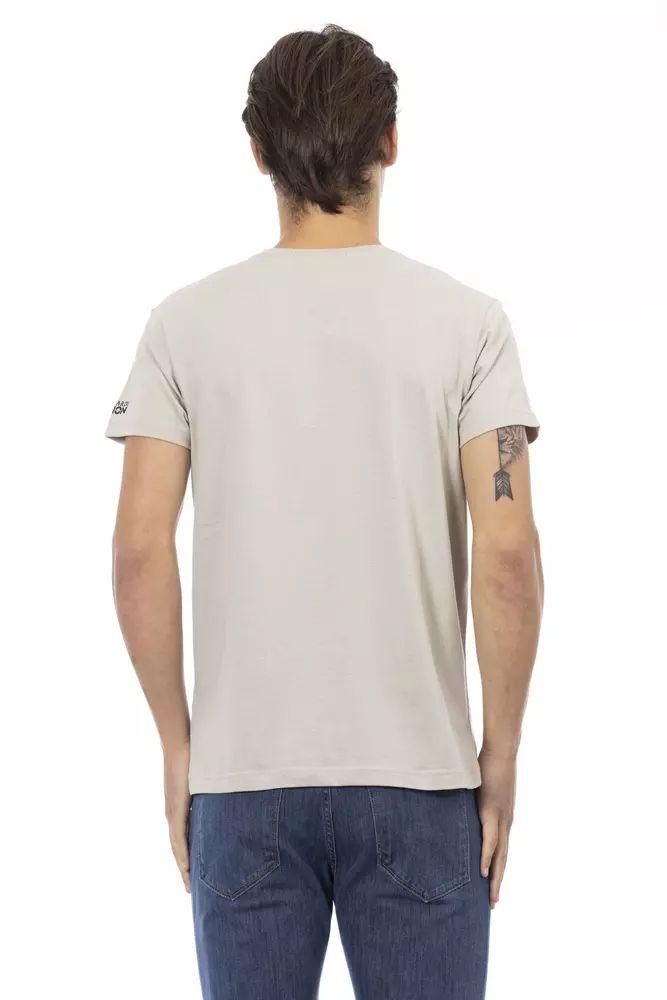 Trussardi Action Beige V-Neck Tee with Chic Front Print - PER.FASHION